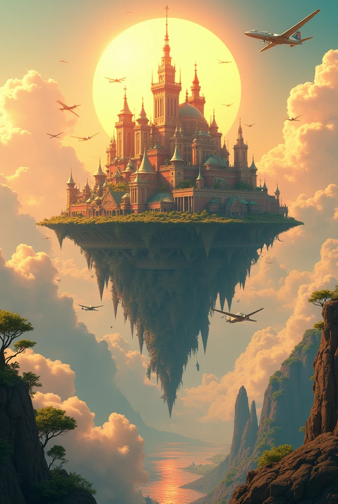Image of a floating country called Columbia, beautiful, full of happy people, with planes flying around and a beautiful sun illuminating the whole place