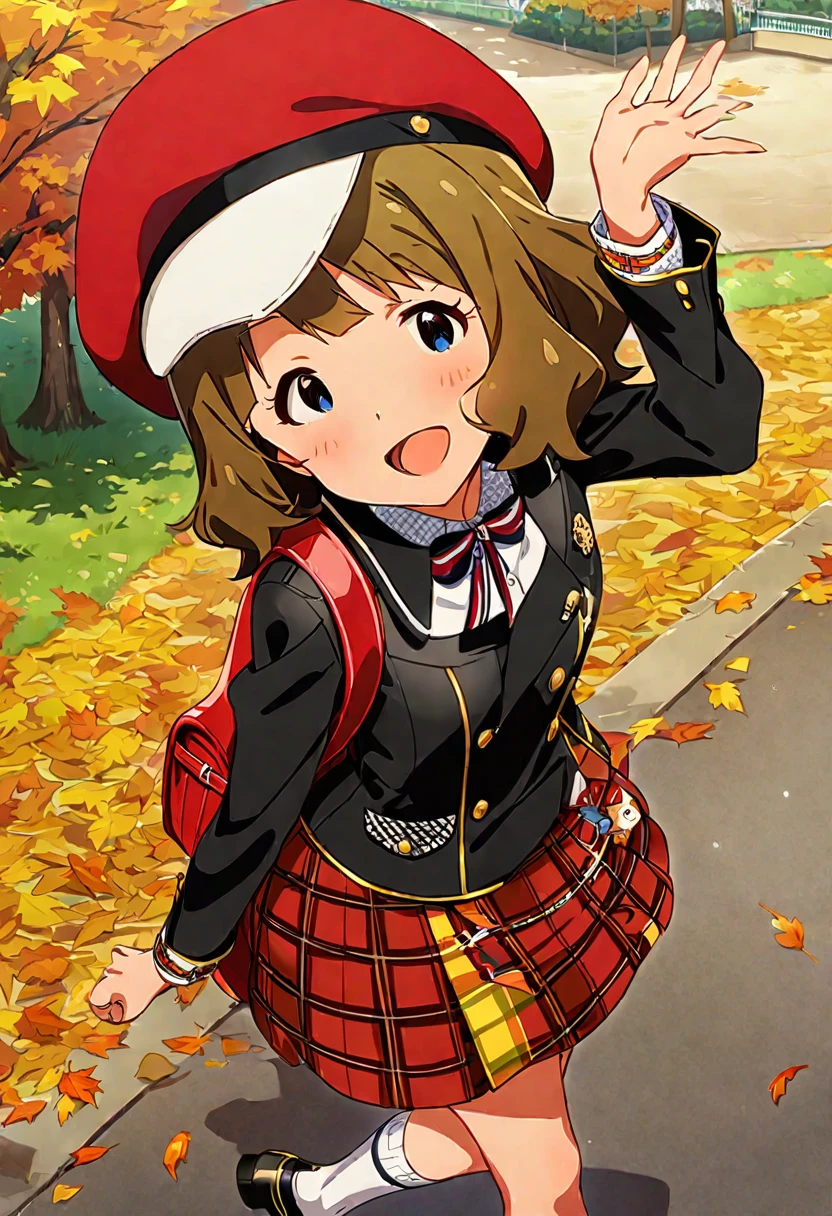 masterpiece, best quality, very aesthetic, absurdres, 1girl, suou momoko, bikini, millimas, white legwear, light brown hair, smile, looking at viewer, bag, open mouth, hat, plaid, mary janes, blue eyes, blush, arm up, eyebrows visible through hair, socks, striped bow, standing on one leg, hand up, striped, beret, short hair, holding strap, red headwear, :d, black ribbon, brown hair, neck ribbon, backpack, shoes, standing, randoseru, collared shirt, black footwear, white socks, leg up, ribbon, solo, diagonal-striped neck ribbon, hat ribbon, outdoors, park, autumn leaves, wind, autumn Black Leather Jacket