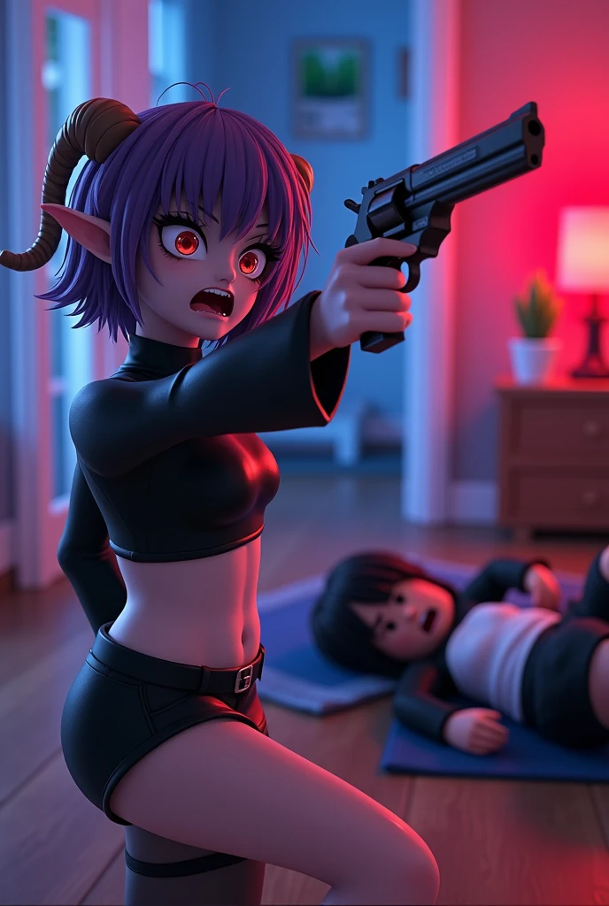 create a roblox masterpiece gfx, colorful and striking of a vermeil style girl but with white skin, with small ram horns, short purple hair, Red eyes, Elf&#39;s ears, A totally black top that covers the stomach and black shorts with stockings. expression of fear, nerves, place the game of murder mystery 2 trying to aim at the murderer with a revolver and avoiding being stabbed with a knife by the murderer who is the other player, inside a house with other players lying on the floor
