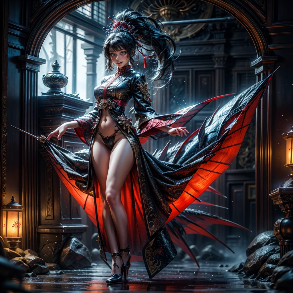 (Full Body of Extremely Detailed Dragon girl) with (Sparkling Red eyes)  Cyan hair in a high ponytail, liquid hair, flowers, (Huge dragon head) in background, 8K TopQuality UltraDetailed Masterpiece of Professional Photo, HDR ultra-fine painting, LifeLike rendering, extreme detail description, professional, Bright colors, bokeh, (Exposed Hourglass Body Shape)