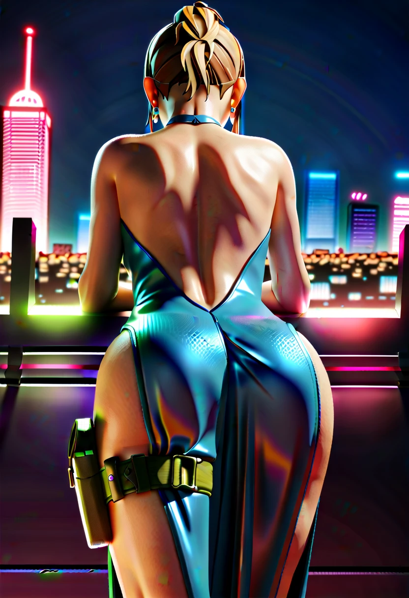 score_9, score_8_up, score_7_up  1girl, solo, quiet \(metal gear\), ass, blue dress, backless dress, from behind, median furrow, thigh holster, side slit, night sky, thong, facing away, evening gown, skyscraper, building, cityscape, skindentation, back focus, earrings, from side, leaning forward,