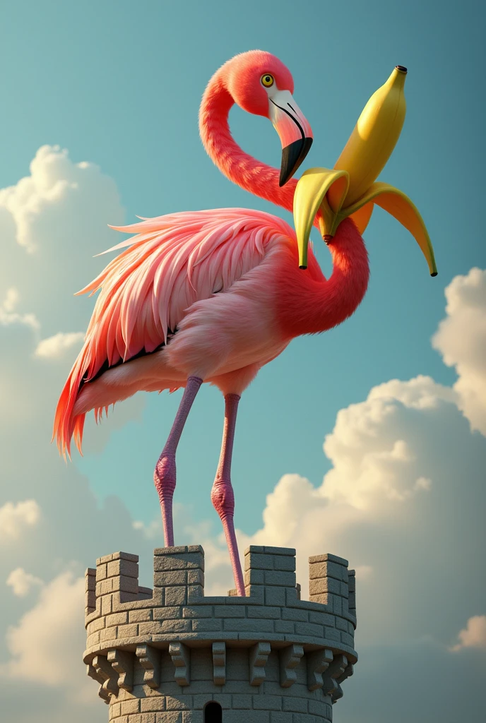 A flamingo with two arms, who is standing on a castle tower and wants to bite into a banana that he is holding in his hand 