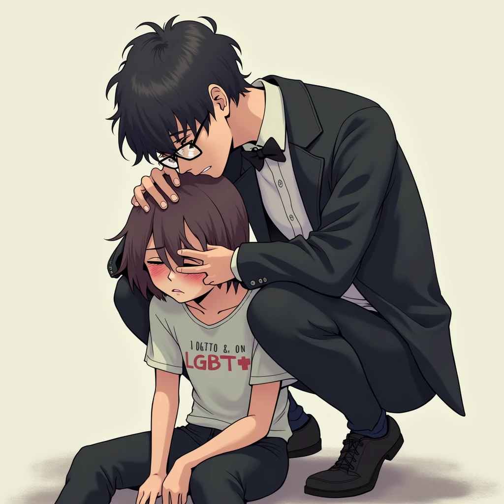 anime art: a 20-year-old male with dark fadeout hair and glasses, wearing tuxedo outfit , he's crouching down behind a sad female wearing lgbt shirt. he's behind her. huggin. He's squatting down behind her