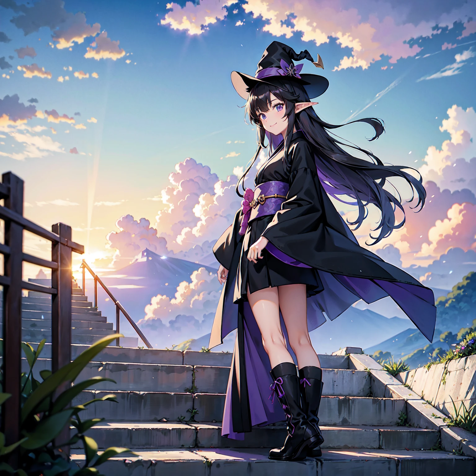 A girl with long purplish hair. A kind, full smile. Pointy elf ears. Her clothes are simple: a black robe with wide sleeves and a black miniskirt. Her knees are showing. There is a V-shaped white insert in the front, like a kimono. A witch's hat with purple ribbons on each side. Black boots. Background, bright painting, Makoto Shinkai, only endless stairs, long floating stairs, floating stairs in the air, stairs above clouds, illustration, nostalgic, vivid, above clouds, bright, fresh, sunset. A maze of connected stairs. Staircase labyrinth. Not touching land.