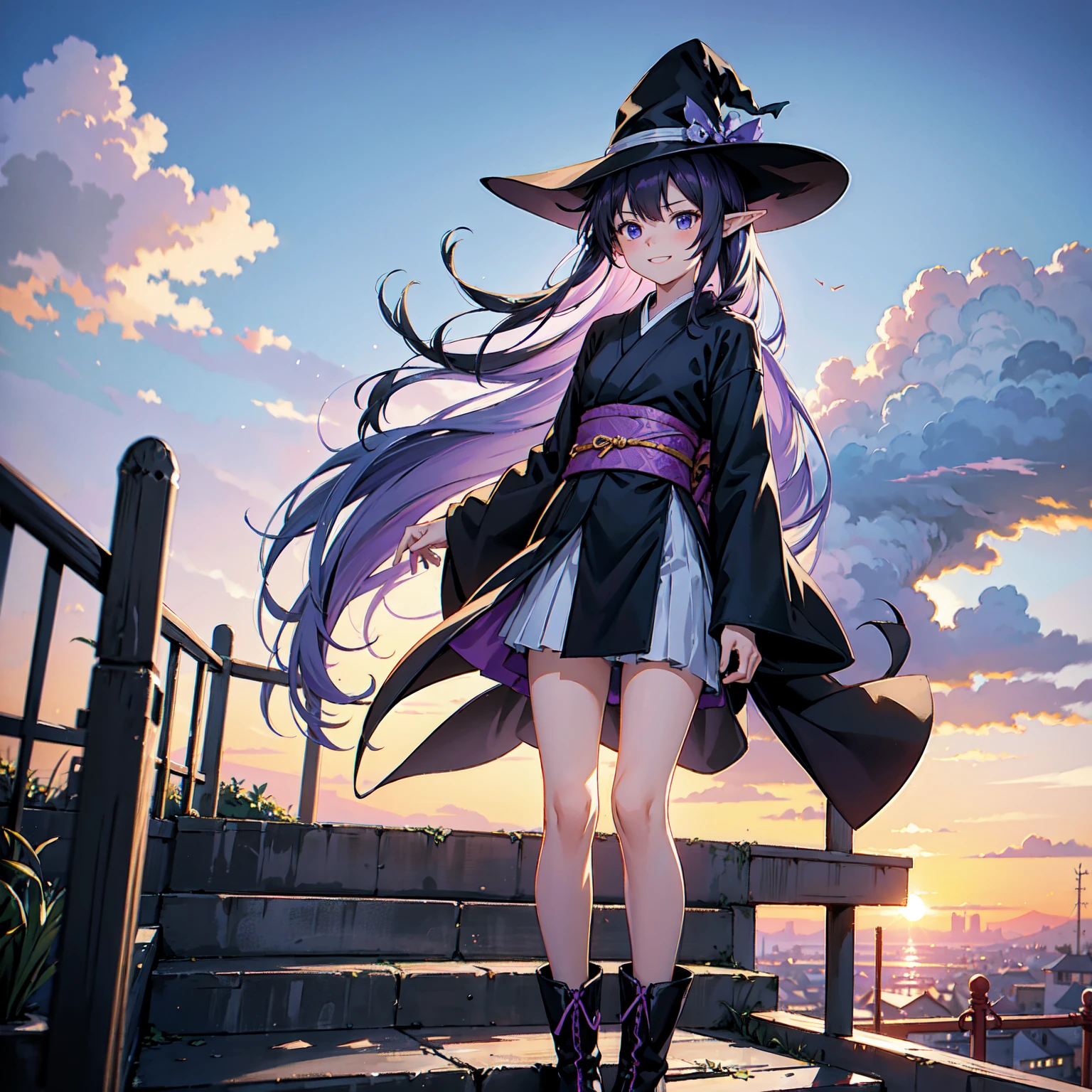 A girl with long purplish hair. A kind, full smile. Pointy elf ears. Her clothes are simple: a black robe with wide sleeves and a black miniskirt. Her knees are showing. There is a V-shaped white insert in the front, like a kimono. A witch's hat with purple ribbons on each side. Black boots. Background, bright painting, Makoto Shinkai, only endless stairs, long floating stairs, floating stairs in the air, stairs above clouds, illustration, nostalgic, vivid, above clouds, bright, fresh, sunset. A maze of connected stairs. Staircase labyrinth. Not touching land.