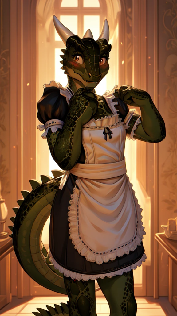 anime, hdr, soft light, ((best quality)), ((masterpiece)), (detailed), lustyargonian, maid, colored skin, green skin, tail, horns, (scales:1.2), (snout, animal nose:1.1), blush, embarrassed, (looking at viewer:1.1), cowboy shot,  (sexy pose:1.5), mansion,(naked:1.2), (nsfw:0.35)