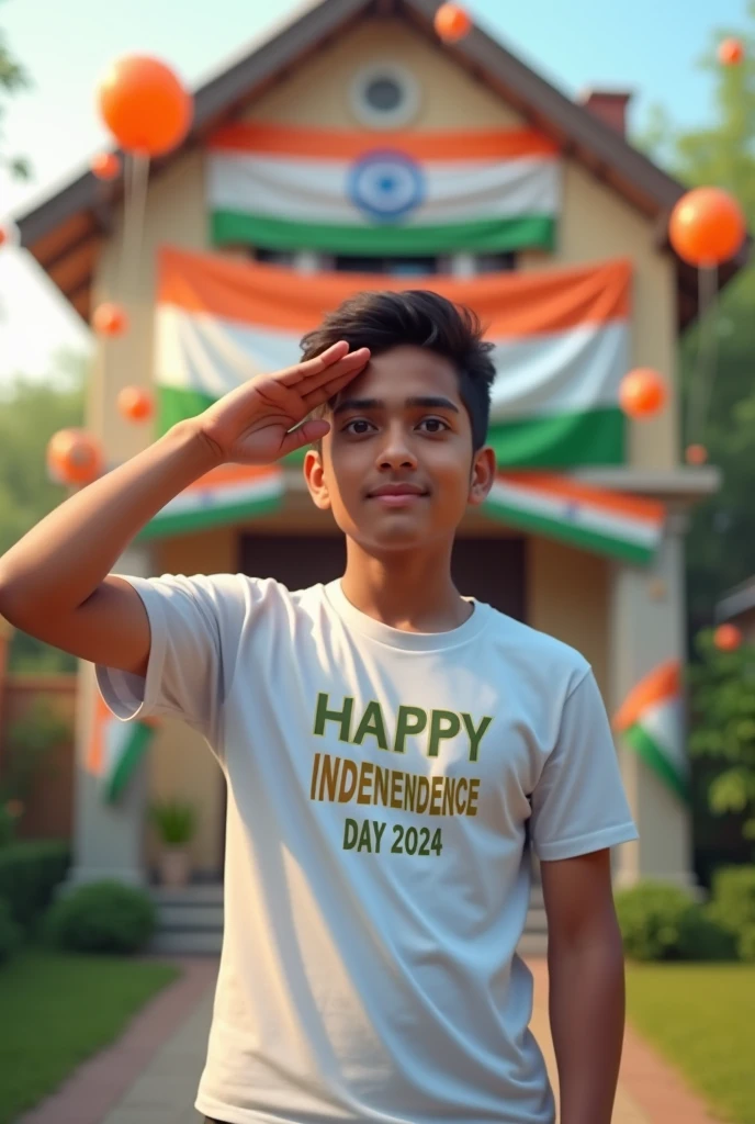 A real 20 year old boy , wearing a white "Gopesh sharma" T-shirt stands in front of a house decorated with Indian flags and tricolor balloons, saluting for an upcoming Independence Day celebration. The house has a large banner that reads "HAPPY INDEPENDENCE DAY 2024 and make sure text should be correct.