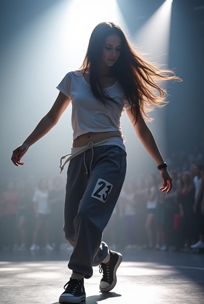 a woman wearing tshirt and sweat pant, long hair, dancing, number sticker on tshirt, on stage in bright white light, judges sitting at front