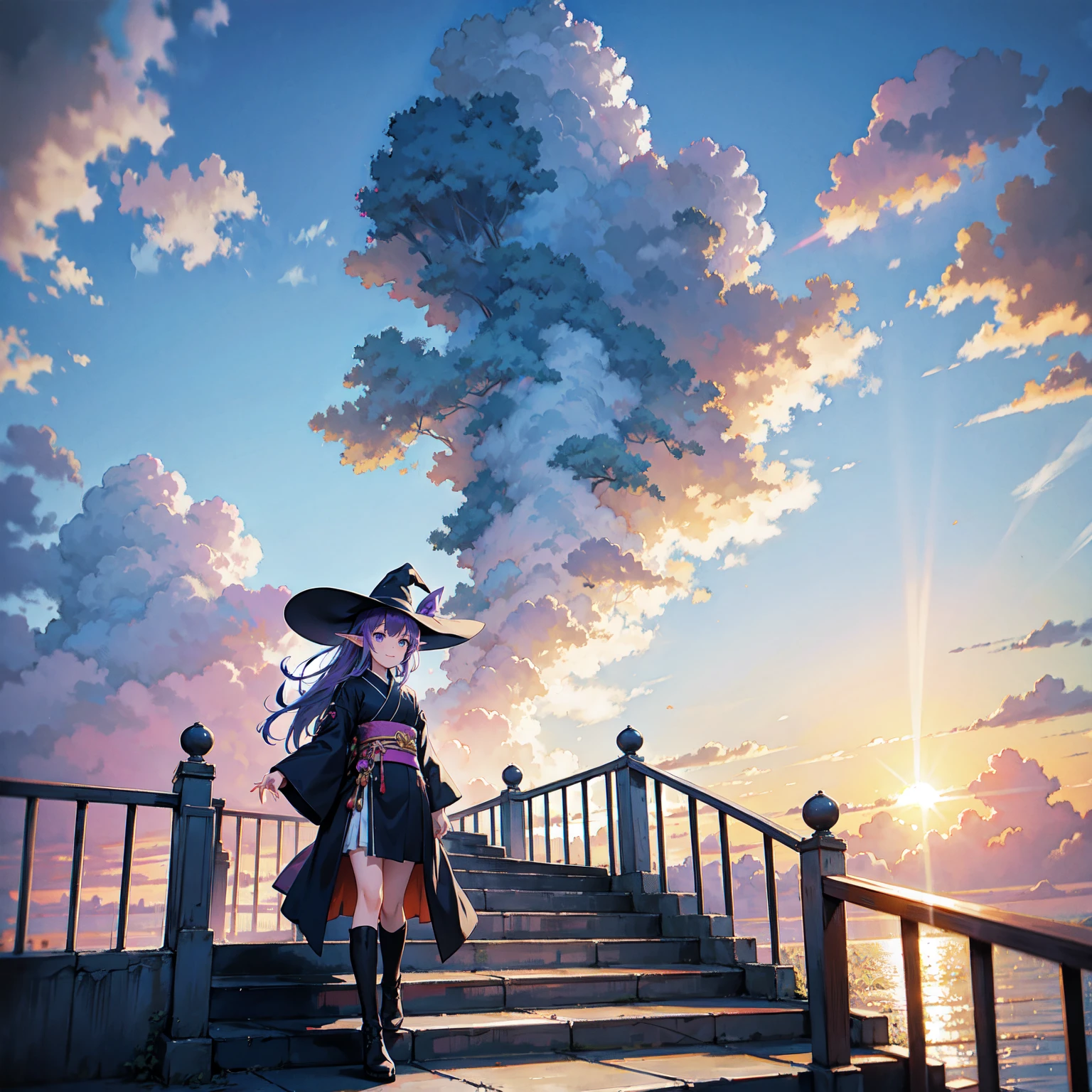 A girl with long purplish hair. A kind, full smile. Pointy elf ears. Her clothes are simple: a black robe with wide sleeves and a black miniskirt. Her knees are showing. There is a V-shaped white insert in the front, like a kimono. A witch's hat with purple ribbons on each side. Black boots. Background, bright painting, Makoto Shinkai, only endless stairs, long floating stairs, floating stairs in the air, stairs above clouds, illustration, nostalgic, vivid, above clouds, bright, fresh, sunset. A maze of connected stairs. Staircase labyrinth. Not touching land.