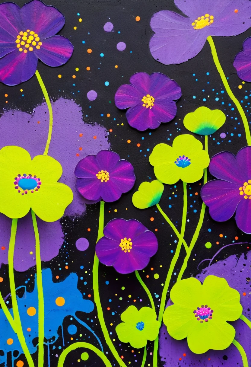 A painting,Inspired by Yayoi Kusama:(((Colorful black,Chalk painting,Oil stick painting,Volume,Thick coating,Uneven texture,Plaster texture,Graffiti,Dot)))。Colorful black,(((Dichondra micrantha Urban))), Bright colors, Purple和, cute的, Bright colors,cute, Lavender Color and Color Schemes, 和Purple的配色方案, Beautiful Art, Purple, Whimsical Art, 和Purple色调, Lime and Violet, Close together,, spring, Inspired by Tomokazu Matsuyama, Delightful