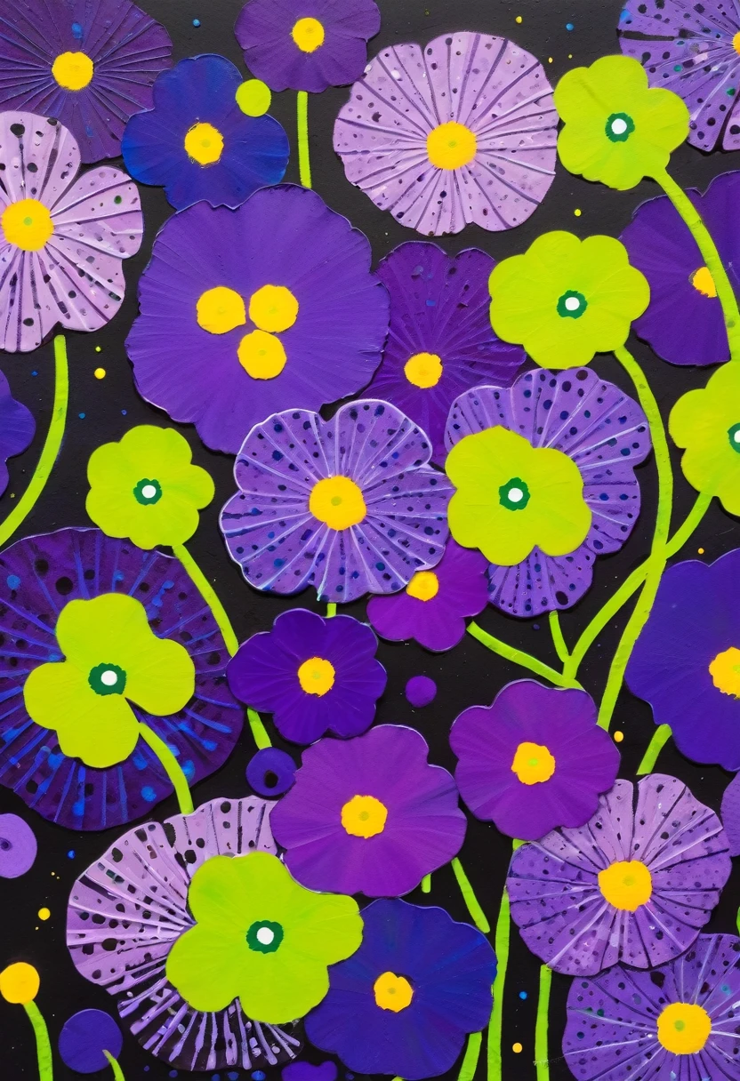 A painting,Inspired by Yayoi Kusama:(((Colorful black,Chalk painting,Oil stick painting,Volume,Thick coating,Uneven texture,Plaster texture,Graffiti,Dot)))。Colorful black,(((Dichondra micrantha Urban))), Bright colors, Purple和, cute的, Bright colors,cute, Lavender Color and Color Schemes, 和Purple的配色方案, Beautiful Art, Purple, Whimsical Art, 和Purple色调, Lime and Violet, Close together,, spring, Inspired by Tomokazu Matsuyama, Delightful