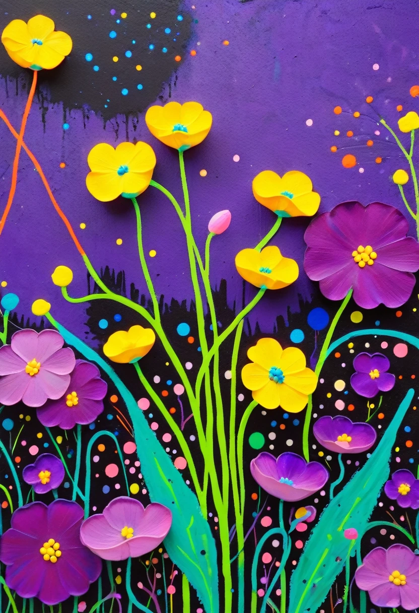A painting，Inspired by Yayoi Kusama：(((Colorful black，Chalk painting，Oil stick painting，Volume，Thick coating，Uneven texture，Plaster texture，Graffiti，Dot)))。Colorful black，((（Dichondra micrantha Urban）)), Bright colors, Purple和, cute的, Bright colors，cute, Lavender Color and Color Schemes, 和Purple的配色方案,  Beautiful Art,  Purple, Whimsical Art, 和Purple色调, Lime and Violet, Close together,, spring, Inspired by Tomokazu Matsuyama, Delightful
