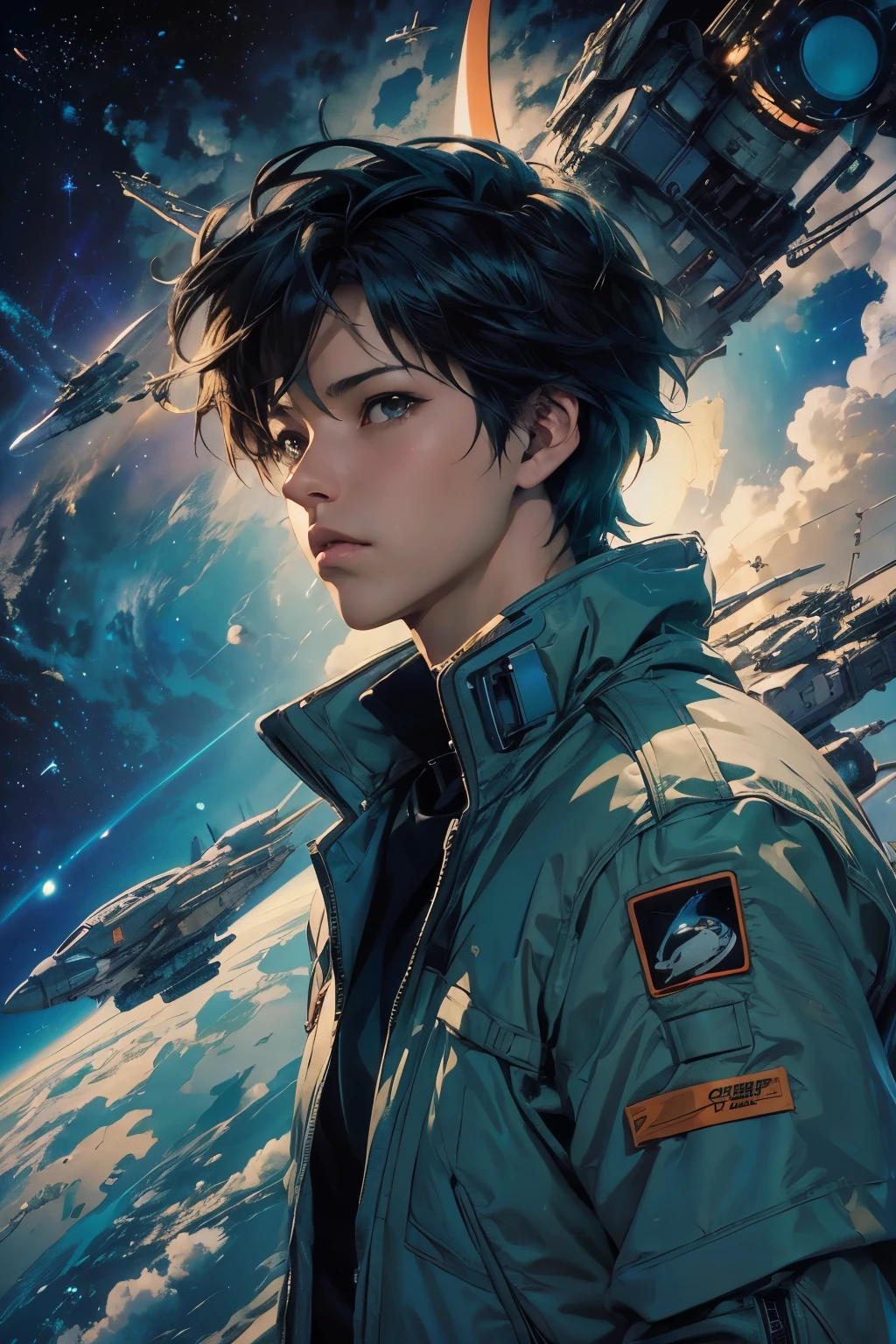 Close-up of a person in a spacesuit with a spaceship in the background, Macross Style, Makoto Shinkai ( Apex Legends ), Makoto Shinkai art style, Makoto Shinkai and ArtGerm, Makoto Shinkai style, Makoto Shinkai!, 4K Manga Wallpapers, Makoto Shinkai!!