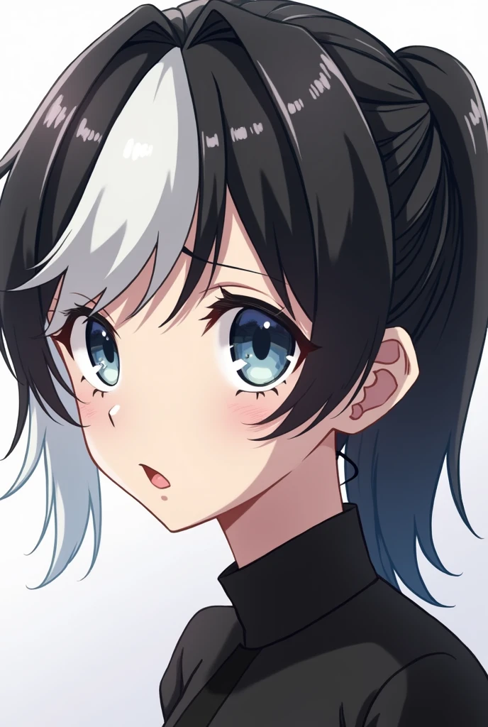 One strand of hair in the front and one strand in the back are white, the rest is black, in a ponytail, anime style
