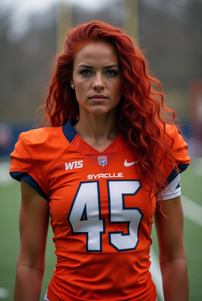 A photo of Rachelle Jackson, a Linebacker for the female Syracuse Orange football team. Number 45. Dark red hair
