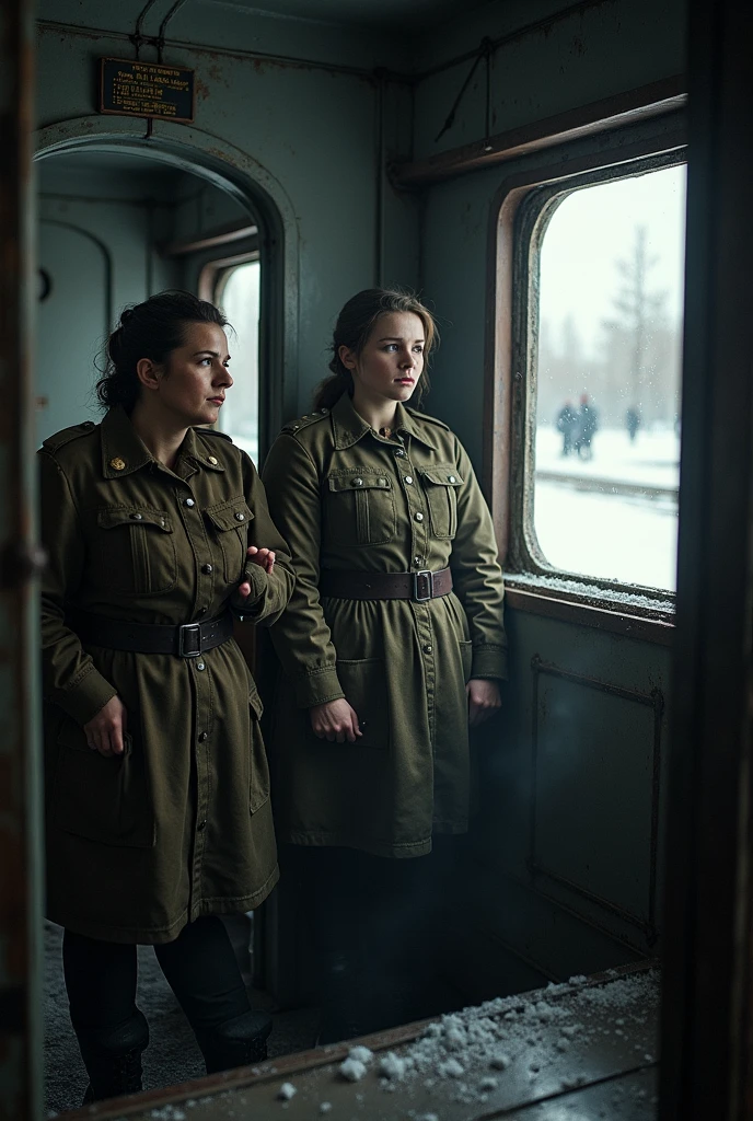 masterpiece, best quality,Soviet female soldiers，Steam locomotive interior，，World War II，TRAIN STATION，About to travel，dimly lit scene，Dim Lights，Snow outside the window