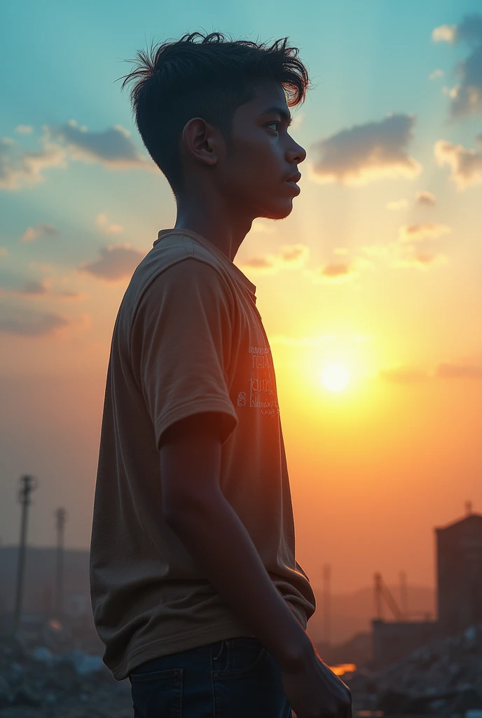 A bangladeshi boy full of hope emerging from ashes with a blue background of sunrise on blue sky. The boy needs to cover one quarter of the page.