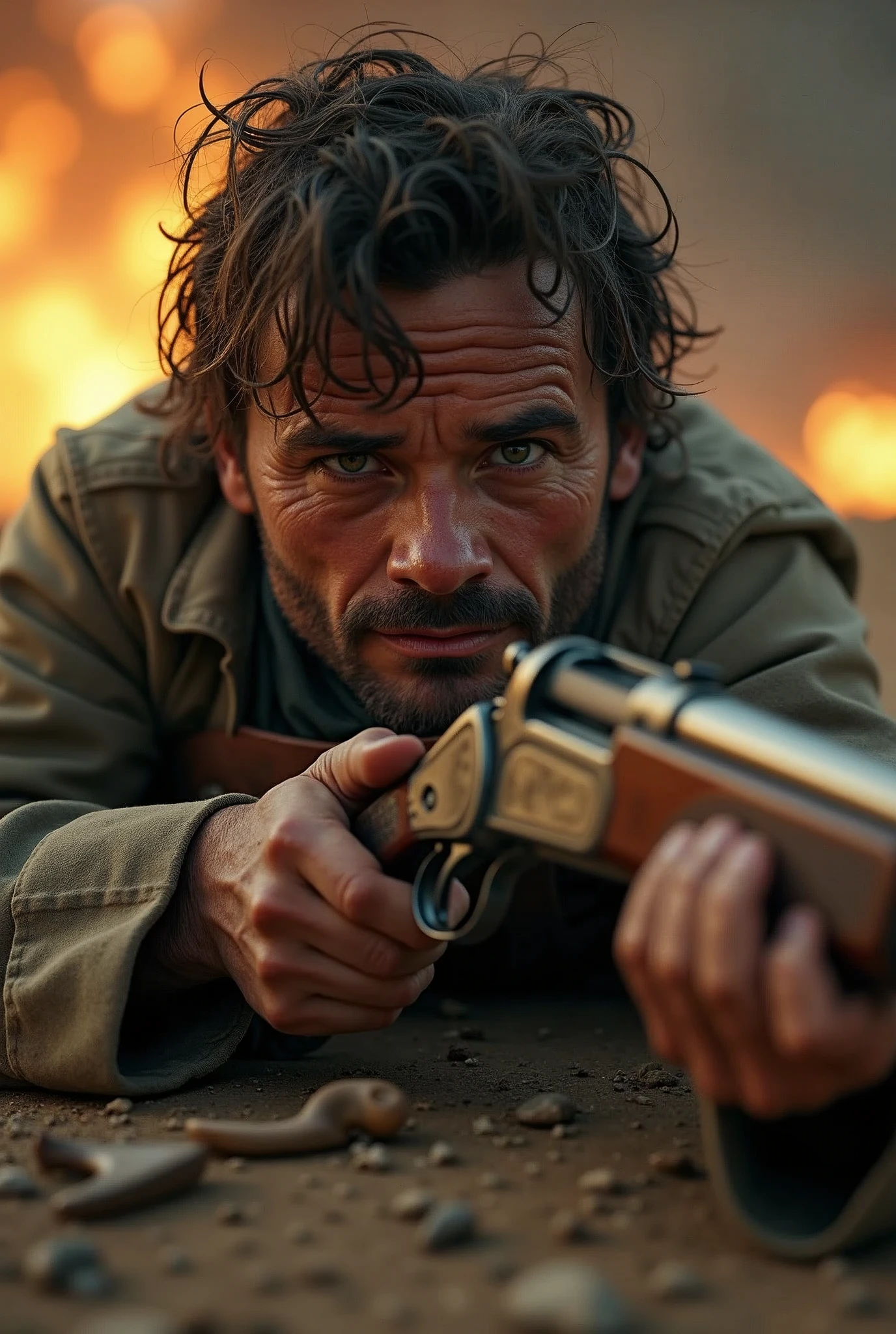 ((( masterpiece ))), (((Highest quality))), ((Very detailed)), (photograph), ((Very Rough and ugly)), High resolution, One dirty-face French soldier man, Age 35, laying on the ground, holding an ancient rifle. Aiming to a target out of the frame. front POV (Detailed eyes), (Detailed facial features), (Detailed Weapons), (Detailed fingers), (Leg details), (Eyes visible through hair), ((Drunk Eyes)), (Embarrassing :1.2), (Toothless smile), (((Fuller lips))), (Desert Scene), (Upper Body), Colonial beige coat, ((Dim Light)), ((Film Grain)), ((Single-lens reflex camera)), ((35mm lens focal length)). 

Cinematic lights. Masterpiece, best quality, 8K, photo realistic, wallpaper, wallpaper 8k, photographic contest winner, Hyperrealistic art cinematic film still photography in the style of detailed hyperrealism photoshoot. [Entire scene is surrounded by lights, evoking a magical and eerie atmosphere. The lighting is bright and atmospheric, with smoke adding a touch of sinister ambiance. Best quality image, HDR enhancement, showcasing the utmost level of detail and realism]. [8K, Best Quality, Ultra High Resolution, (highly detailed CG unity 8k wallpaper), (best photo), (best shadows), isometric 3D, octane rendering, ray tracing, highly detailed, (Best quality, 4K, 8k:1.2), absurdity, ultra detailed, (realistic, photorealistic, photorealistic:1.37), complex parts, HDR, (complex parts:1.12), (hyper detailed, hyper realistic, Soft lighting, spicy:1.2), (complex parts, Hyper detailed:1.15). Blurred foreground. (backlit), masterpiece, high quality, brightness, chromatic aberration, foggy smoke, shadows, contrast, clear sky, (warm hue, warm tone), high details, natural reflections].