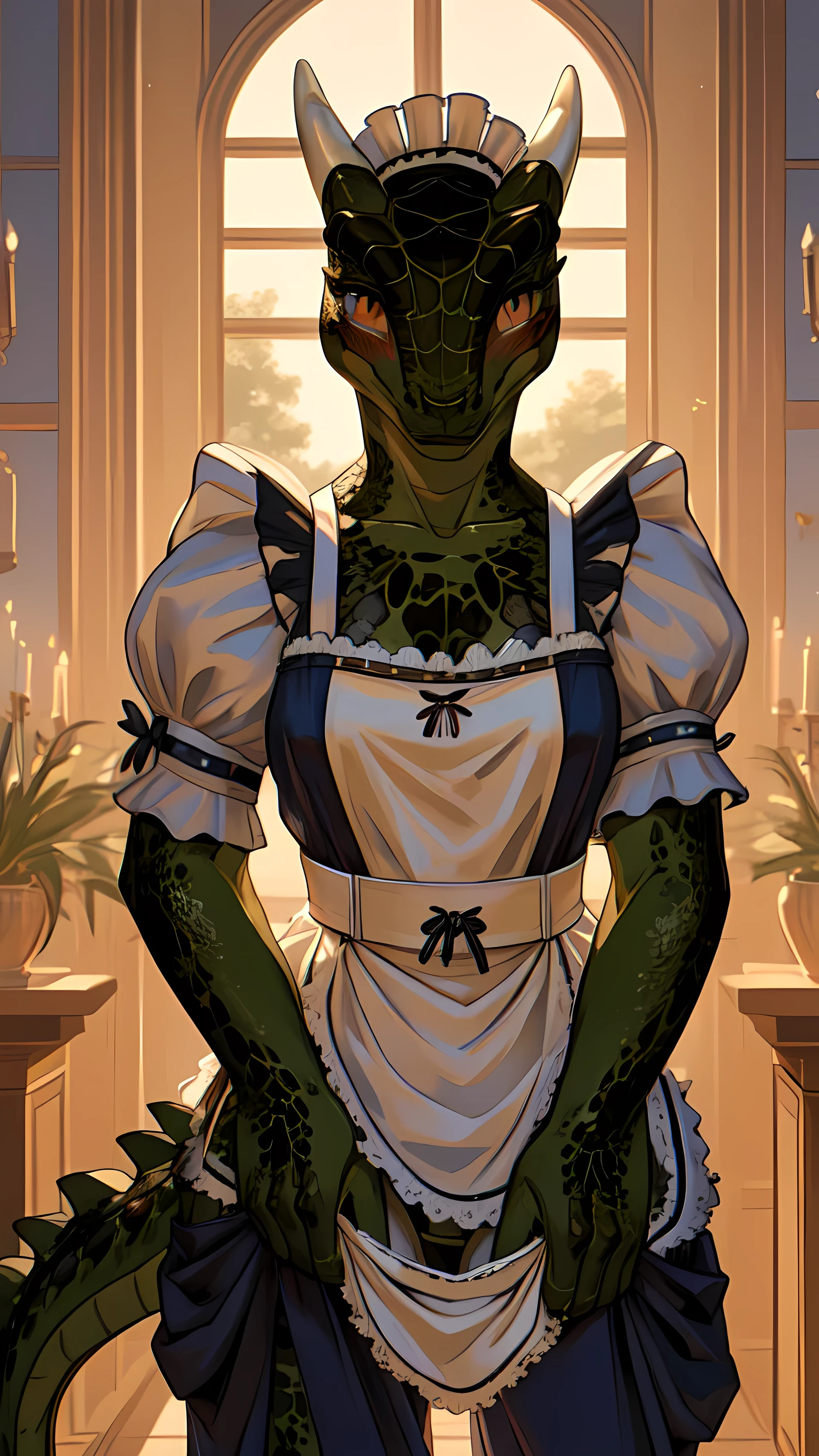 anime, hdr, soft light, ((best quality)), ((masterpiece)), (detailed), lustyargonian, maid, colored skin, green skin, maid headdress, tail, horns, (scales:1.2), (snout, animal nose:1.1), blush, embarrassed, (looking at viewer:1.1), cowboy shot,  (sexy undressing pose:1.5), mansion, (nsfw:0.35)