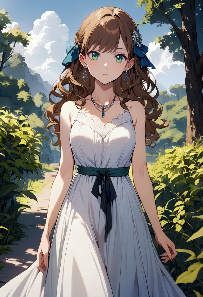 slender, mature female,1girl, rating:safe, jewelry, solo, long_hair, dress, brown_hair, necklace, earrings, green_eyes, breasts, bare_shoulders, sleeveless, outdoors, looking_at_viewer, wavy_hair, closed_mouth, hair_ornament, sleeveless_dress,day, standing, small_breasts, medium_breasts, hair_ribbon, cowboy_shot, blue_eyes