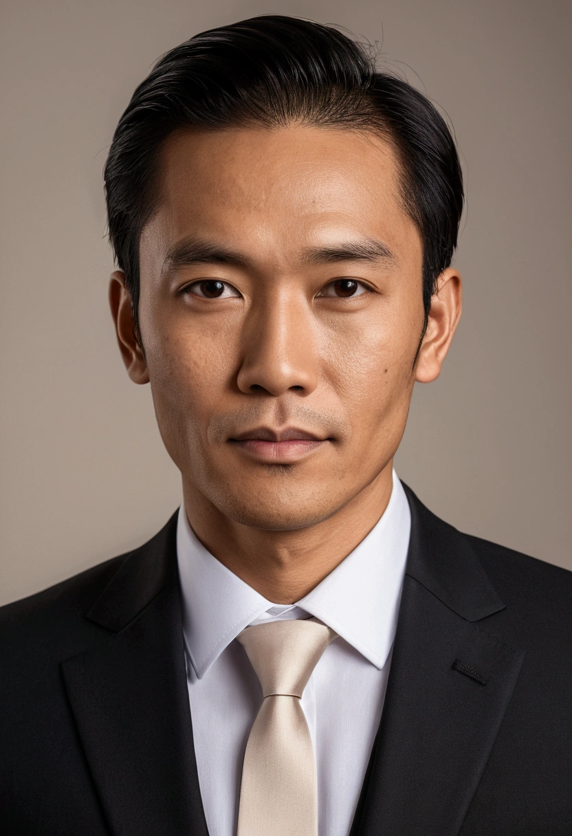 Create a highly realistic portrait of an Indonesian man in his mid-30s, standing confidently and facing the camera. He is wearing a well-tailored dark suit with a white dress shirt and a tie. His expression is calm and composed, with a slight smile. His skin tone is warm brown, and his hair is neatly styled. The background is neutral and softly blurred to focus attention on the subject, highlighting his formal appearance