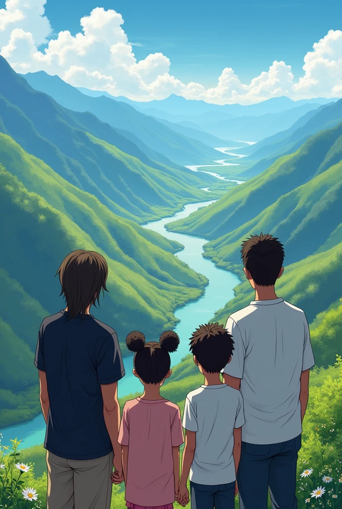 Family photo overlooking a beautiful landscape. The daughter's husband is white, has 1.73 tall and weighs 63kg. He has straight, dark brown hair., light brown eyes and black loose shirt. My daughter is BLACK, has 1.59 tall and weighs 46kg. Ela tem black power. Meu filho é NEGRO has 1.73 tall and weighs 63kg. He has black hair cut like a jackfruit, loose white shirt. I am BLACK I have 1.70 tall and weighs 80kg Japanese anime style photo.