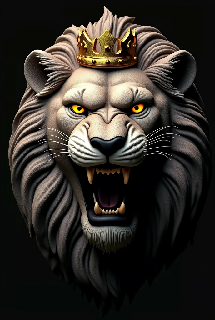 Lion face in 3D 4K anger mood with crown yellow eyes