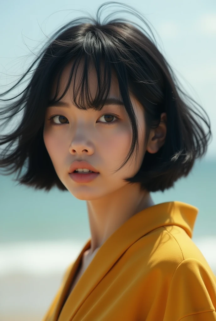 (High resolution:1.3), (8k, photorealistic, raw photo, Best Quality: 1.4), Japanese, (1 girl), beautiful face, (realistic face), (black fur, short hair:1.3), beautiful hairstyle, realistic eyes, beautiful detailed eyes, (Realistic skin), beautiful skin, attractive, ultra high resolution, ultra realistic, Very detailed, golden ratio, outdoor, Windy, from below, mustard yellow wrap top