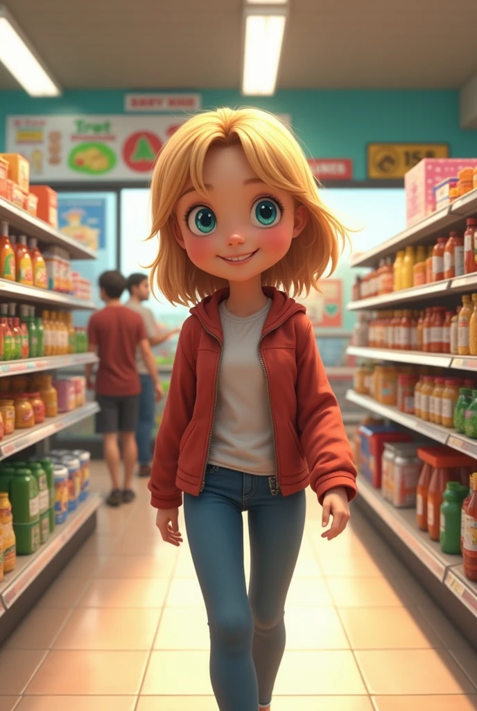 Riley from Funnily, a blonde girl with blue eyes, walking through the supermarket