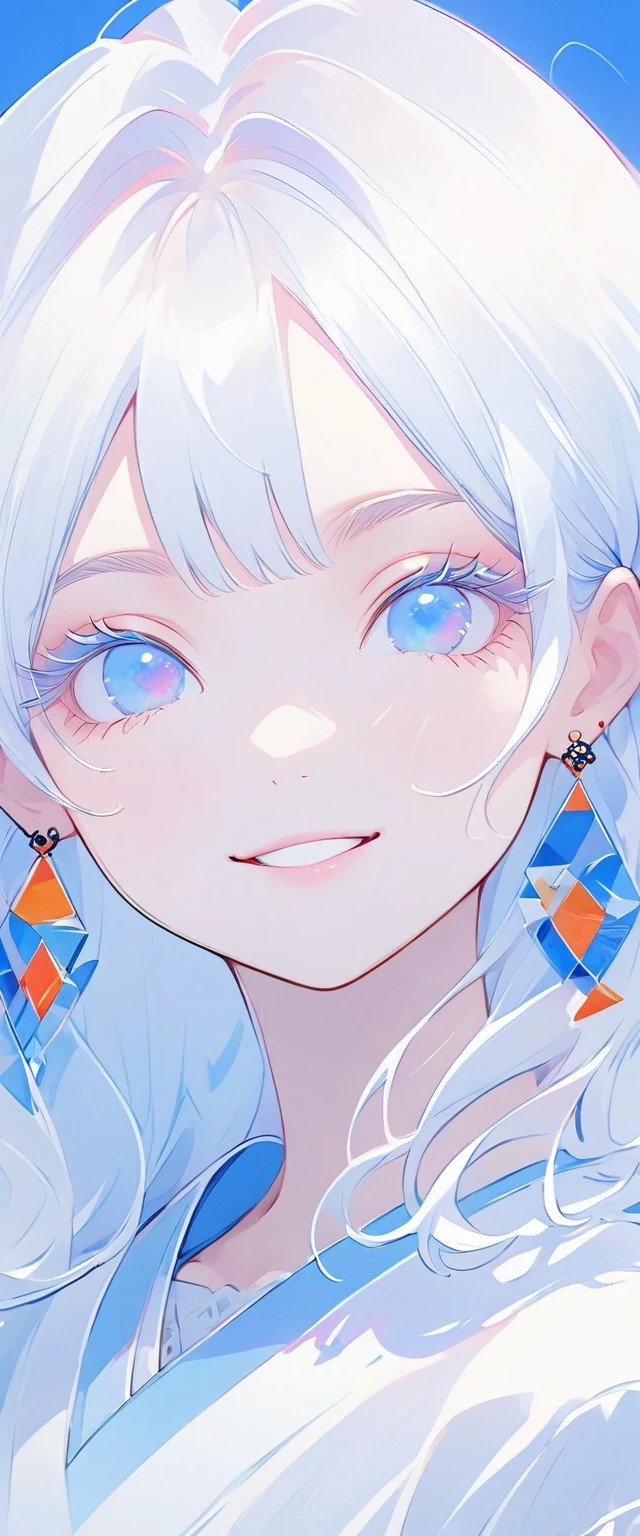 minimalist，fashion girl，white hair，blue background，Wearing special earrings，Bohemian style，Defined eyelashes，Full bright blue eyes，Clean and transparent eyes，close up，Portrait facing camera，Smile flat illustration，Geometry，clean，japanese manga，Tilted head