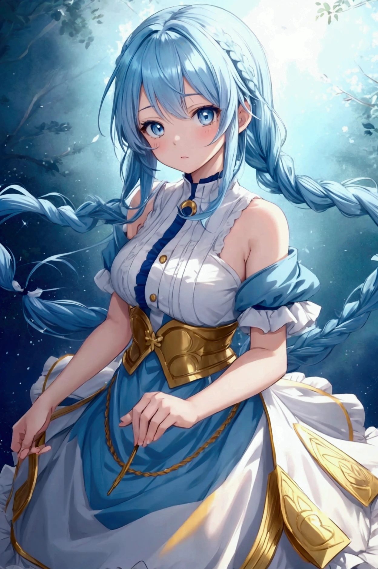anime girl, light blue hair braided, golden eyes,