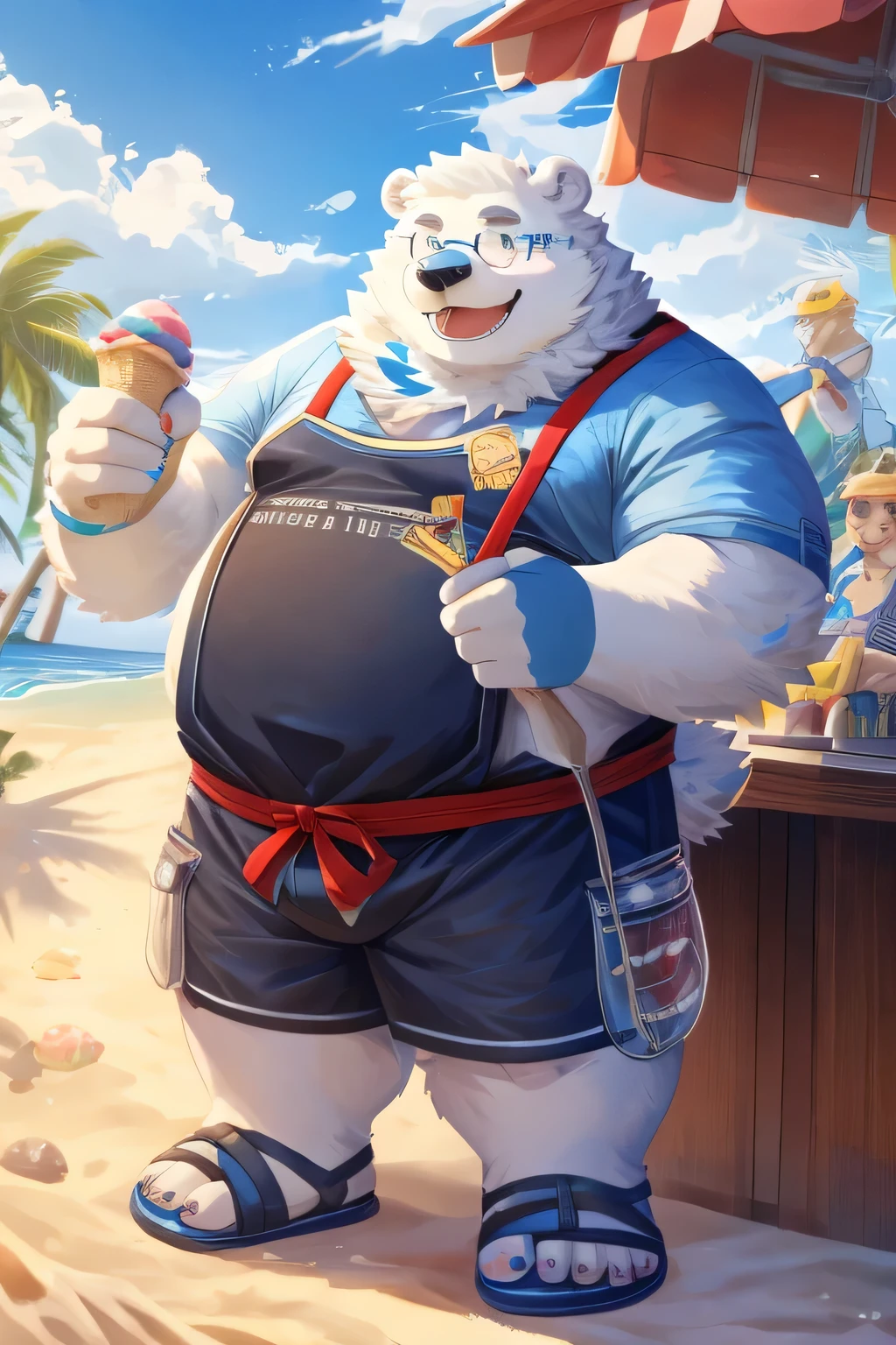 (full body:1.1),((Wear glasses),Wearing a long apron),Polar bear beastman,Blue body pattern,aldult,Are fat,Shorts,Sandals,Busy beach,Ice cream stand,clerk,smile,Holding a big ice cream,