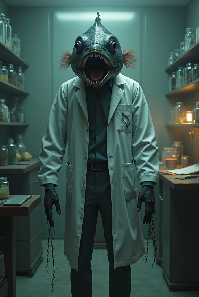 The doctor with the head of a black chinned fish looks intimidating.