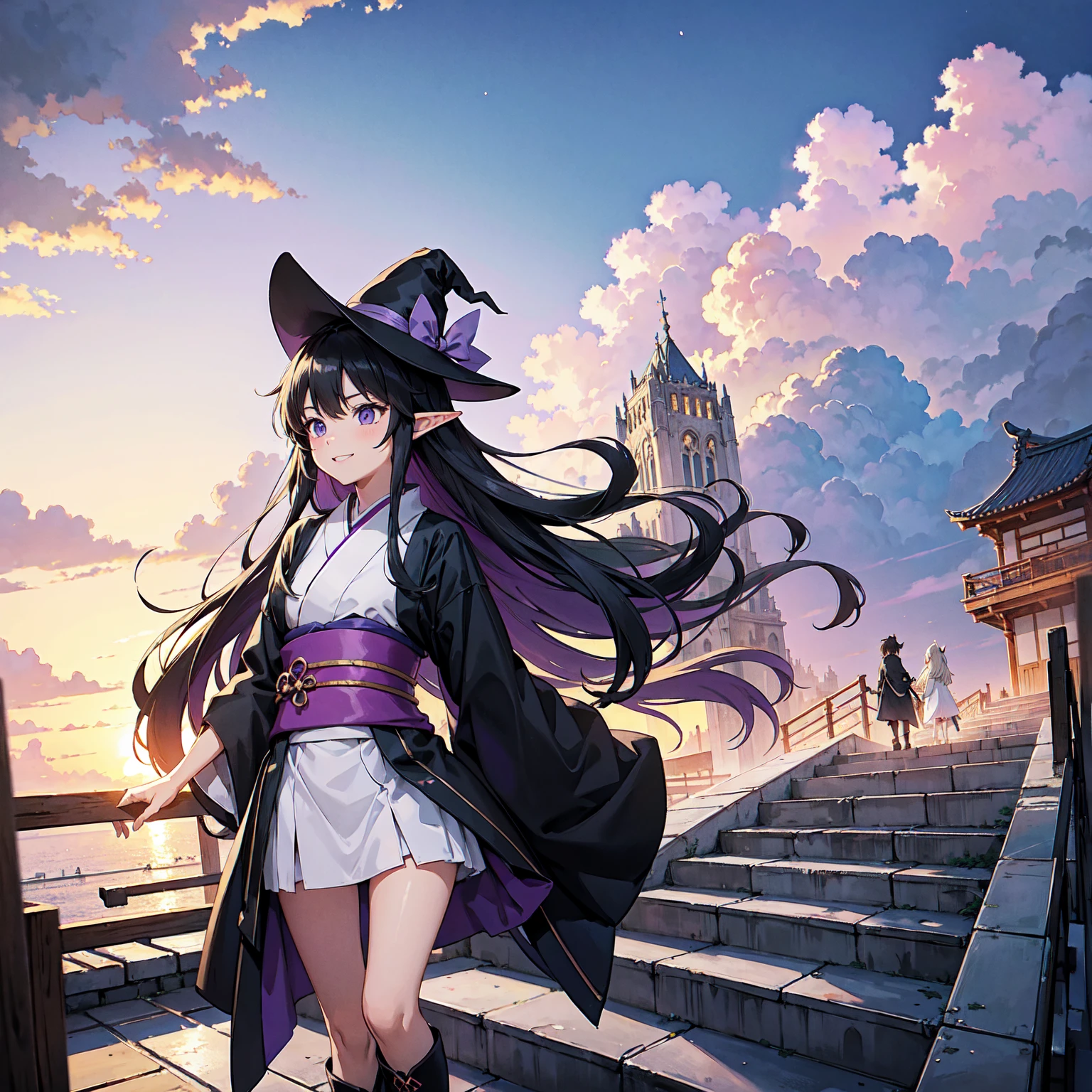 A girl with long purplish hair. A kind, full smile. Pointy elf ears. Her clothes are simple: a black robe with wide sleeves and a black miniskirt. Her knees are showing. There is a V-shaped white insert in the front, like a kimono. A witch's hat with purple ribbons on each side. Black boots. Background, bright painting, Makoto Shinkai, only endless stairs, long floating stairs, floating stairs in the air, stairs above clouds, illustration, nostalgic, vivid, above clouds, bright, fresh, sunset. A maze of connected stairs. Staircase labyrinth. Not touching land.