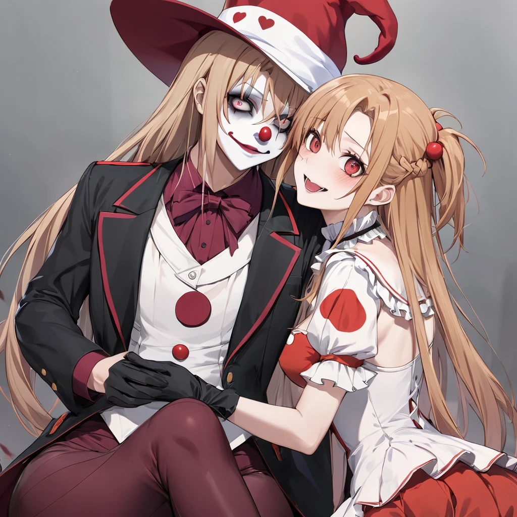 ((Highest quality)), ((masterpiece)), (detailed), (Perfect Face)、((The woman is Yuuki Asuna, with light brown, medium-long hair, pure white skin, and a creepy clown mask.))、The woman is a creepy, evil clown wearing a risqué black rubber V-neck leotard outfit, long black rubber boots, long black rubber gloves, lots of frills and clown decorations, a clown collar, a clown jester hat, a swallowtail skirt, and creepy clown makeup on her face and a red nose.、The woman is a creepy, evil, lewd clown who is a minion of an evil organization.、The woman has given her soul to the Ringmaster and is destined to be his wife and eternal partner. They are bound together by their souls and are in love with each other, making them a creepy couple.