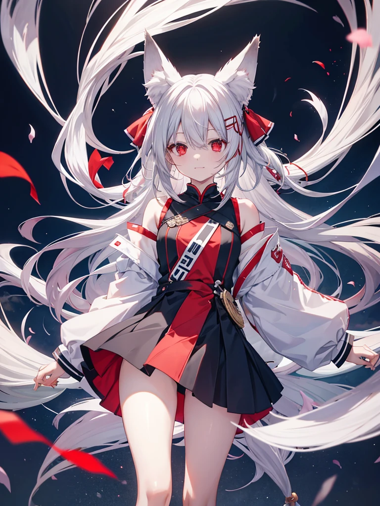 Long Hair, Red eyes, Fox Ears, Attention to detail, Silver Hair, Both sides up, Animal ears , happiness/joy, anime, Spread your legs Swaying in the Wind Fox's Tail Twin Side Up smile Too much exposure High Kick Light clothing