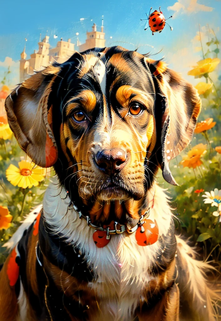 (((The best quality))), (((ultra detailed))), (((masterpiece))), illustration,cartoon, oil paintingcolor,
(close-up ladybug, top focus) on the nose of a Basset Terrier, close-up , Big nose, long nose, huge nose, 35mm Camera Fisheye