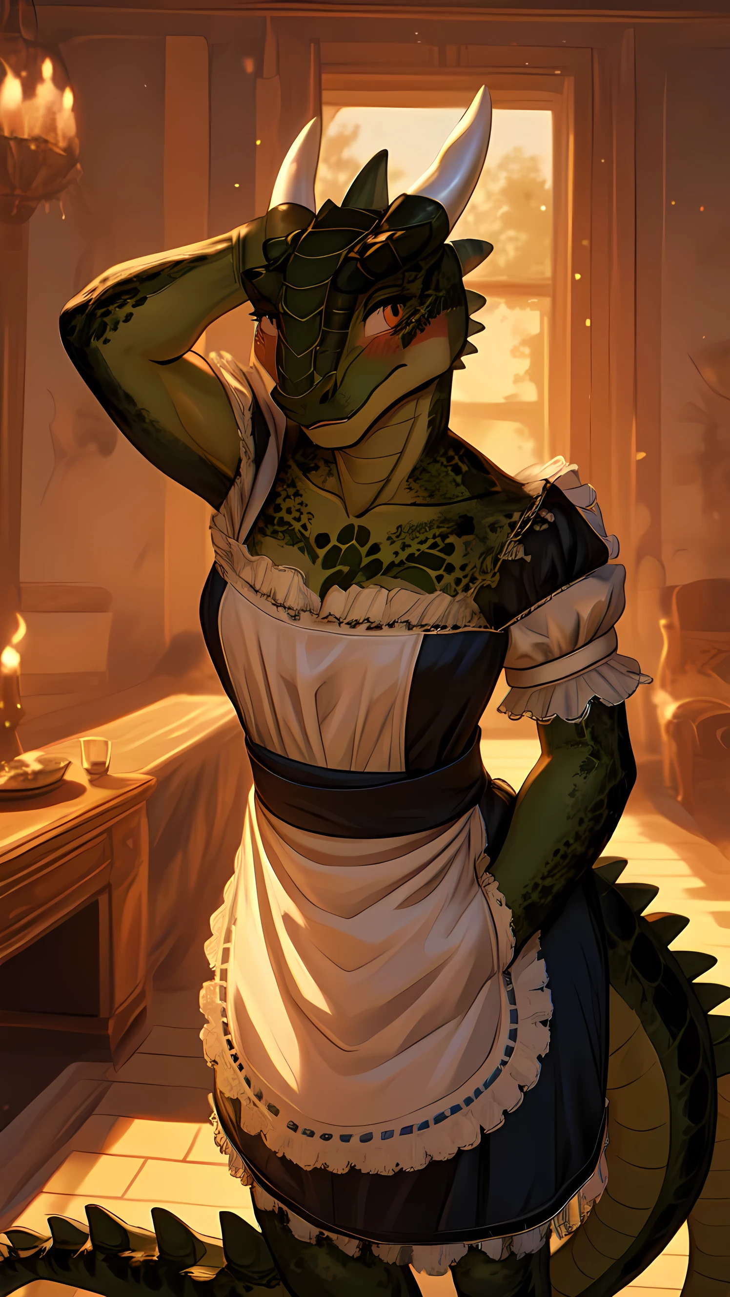 anime, hdr, soft light, ((best quality)), ((masterpiece)), (detailed), lustyargonian, maid, colored skin, green skin, tail, horns, (scales:1.2), (snout, animal nose:1.1), blush, embarrassed, (looking at viewer:1.1), cowboy shot,  (sexy pose:1.5), mansion,(naked:1.2), (nsfw:0.35)