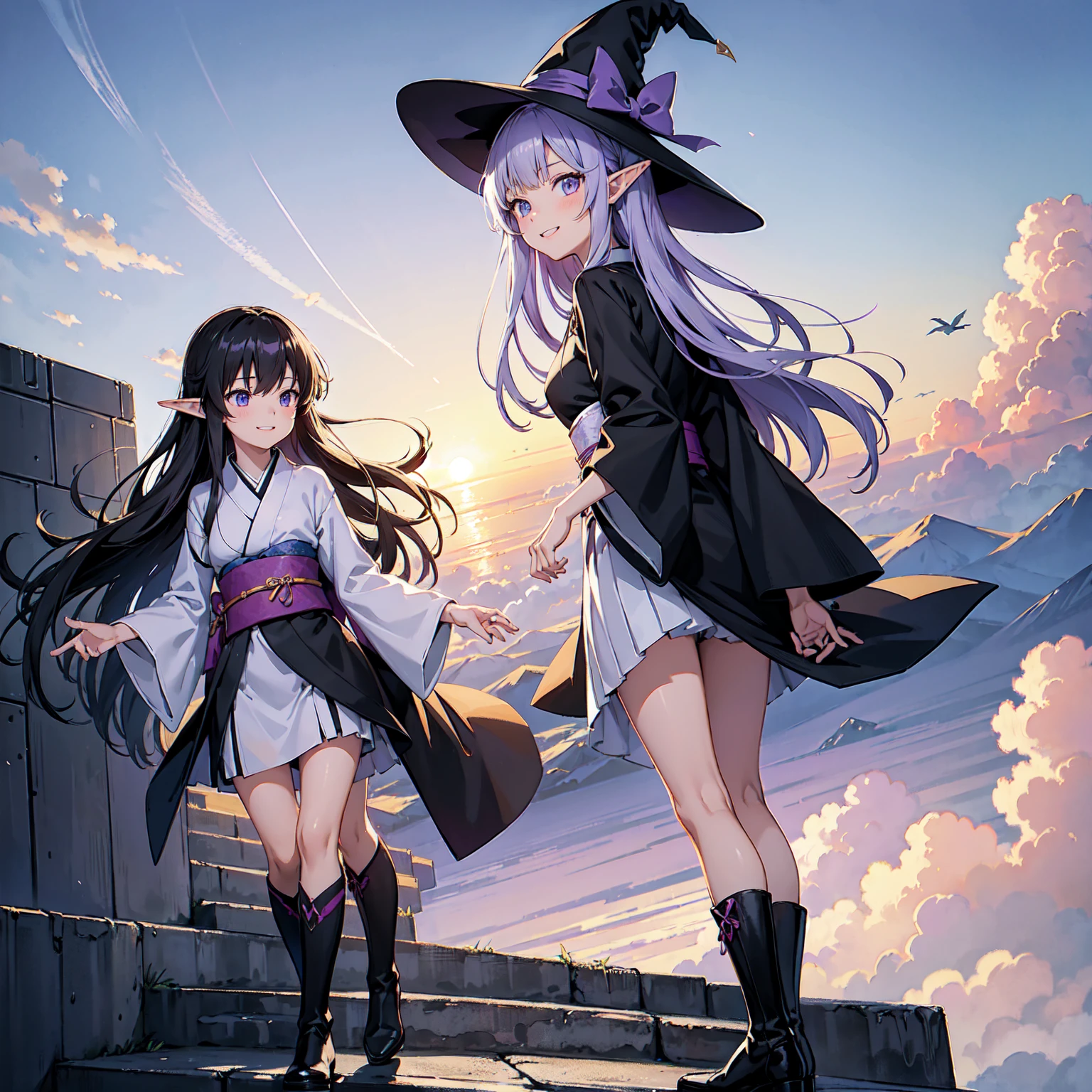 A girl with long purplish hair. A kind, full smile. Pointy elf ears. Her clothes are simple: a black robe with wide sleeves and a black miniskirt. Her knees are showing. There is a V-shaped white insert in the front, like a kimono. A witch's hat with purple ribbons on each side. Black boots. Background, bright painting, Makoto Shinkai, only endless stairs, long floating stairs, floating stairs in the air, stairs above clouds, illustration, nostalgic, vivid, above clouds, bright, fresh, sunset. A maze of connected stairs. Staircase labyrinth. Not touching land.
