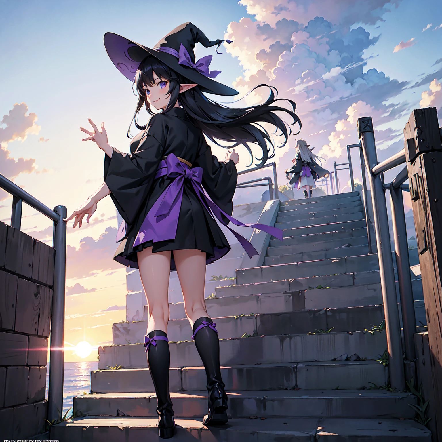A girl with long purplish hair. A kind, full smile. Pointy elf ears. Her clothes are simple: a black robe with wide sleeves and a black miniskirt. Her knees are showing. There is a V-shaped white insert in the front, like a kimono. A witch's hat with purple ribbons on each side. Black boots. Background, bright painting, Makoto Shinkai, only endless stairs, long floating stairs, floating stairs in the air, stairs above clouds, illustration, nostalgic, vivid, above clouds, bright, fresh, sunset. A maze of connected stairs. Staircase labyrinth. Not touching land.