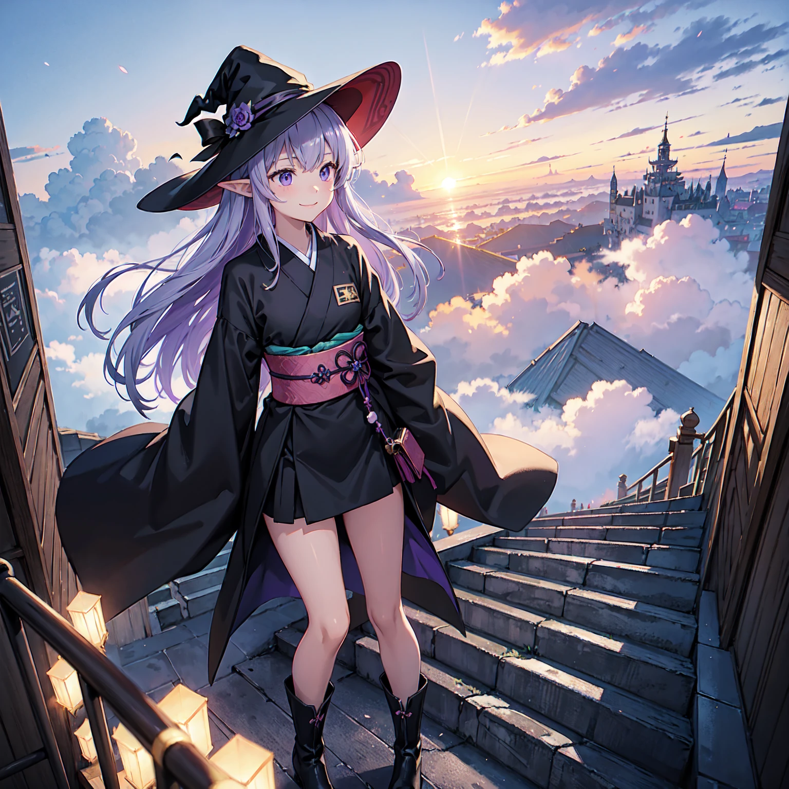A girl with long purplish hair. A kind, full smile. Pointy elf ears. Her clothes are simple: a black robe with wide sleeves and a black miniskirt. Her knees are showing. There is a V-shaped white insert in the front, like a kimono. A witch's hat with purple ribbons on each side. Black boots. Background, bright painting, Makoto Shinkai, only endless stairs, long floating stairs, floating stairs in the air, stairs above clouds, illustration, nostalgic, vivid, above clouds, bright, fresh, sunset. A maze of connected stairs. Staircase labyrinth. Not touching land.