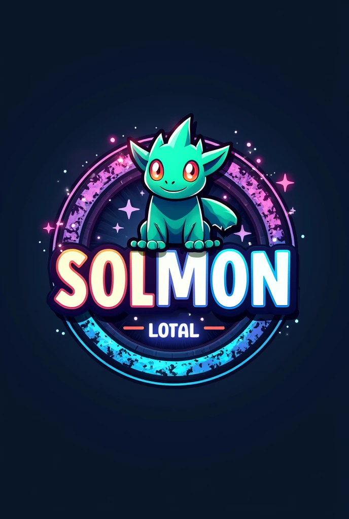 Design a circular logo for 'SOLMON - Solana Monsters' that reflects a fusion of modern, playful aesthetics with the essence of elemental-themed creatures, similar to the Pokémon style. The logo should feature a central emblem, such as a stylized animal or creature that represents the 'Solana' theme, using a vibrant color palette of blues, greens, and purples with glowing accents.

The creature should have distinct characteristics that align with an elemental type (e.g., fire, water, earth), and be rendered in a way that captures both the power and cuteness of the design. Surround the emblem with a circular border that incorporates subtle textures or gradients reminiscent of digital or cosmic elements.

The text 'SOLMON' should be prominently displayed within the circular design, using bold, rounded typography that feels both friendly and adventurous. Integrate elements like small digital sparks, stars, or waves around the text and emblem to give the logo an otherworldly, magical vibe. Ensure the overall design is clean, balanced, and visually striking, making it easily recognizable and suitable for branding purposes.