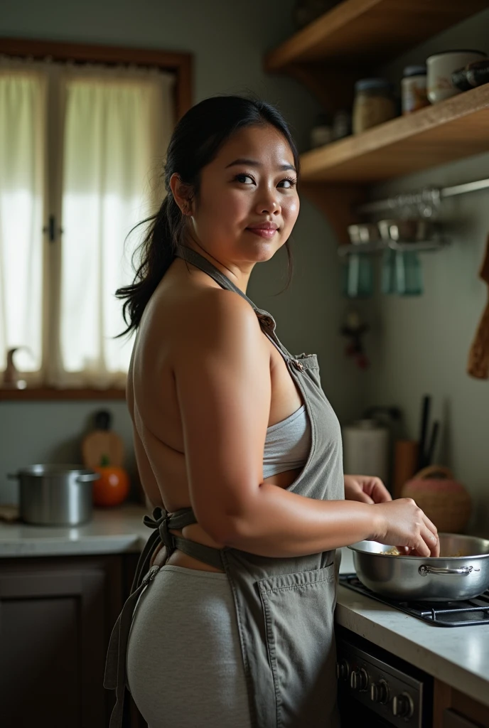 A 56 years old naked Indonesian woman in peach color hijab, smiling and cooking chicken in the old bamboo kitchen in a forest, look to the food with eye close, dense pubic hair, dark skin, curvier body, short body, flat-chested, small breasts, villager, poor woman