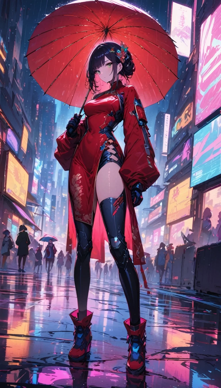 (best quality), (superfine), (​masterpiece), Illustration, 一个女孩China-Costume賽博朋克, (Holding an umbrella)，（cyberpunk，China-Costume，Cybernetic implants），Hair Accessories, bright colors，dynamic lighting，neon lights，shining city skyline，holographic projection，Fashion clothes and shoes of the future，A combination of traditional and modern elements，Avantgardistisches Make-up，exquisite hairstyle，Self-confidence and determination，Urban environment，downpour，Reflection on slippery road，metallic feeling，Mechanical Armor, gorgeous accessories，High-tech products，Impressive cybernetic improvements，Clear focus，Grumpy Details, Overclocked rendering, Cinematic edge light, fine light, ​masterpiece, super Details, epic work, Ultra-High-Definition, good quality, 32K