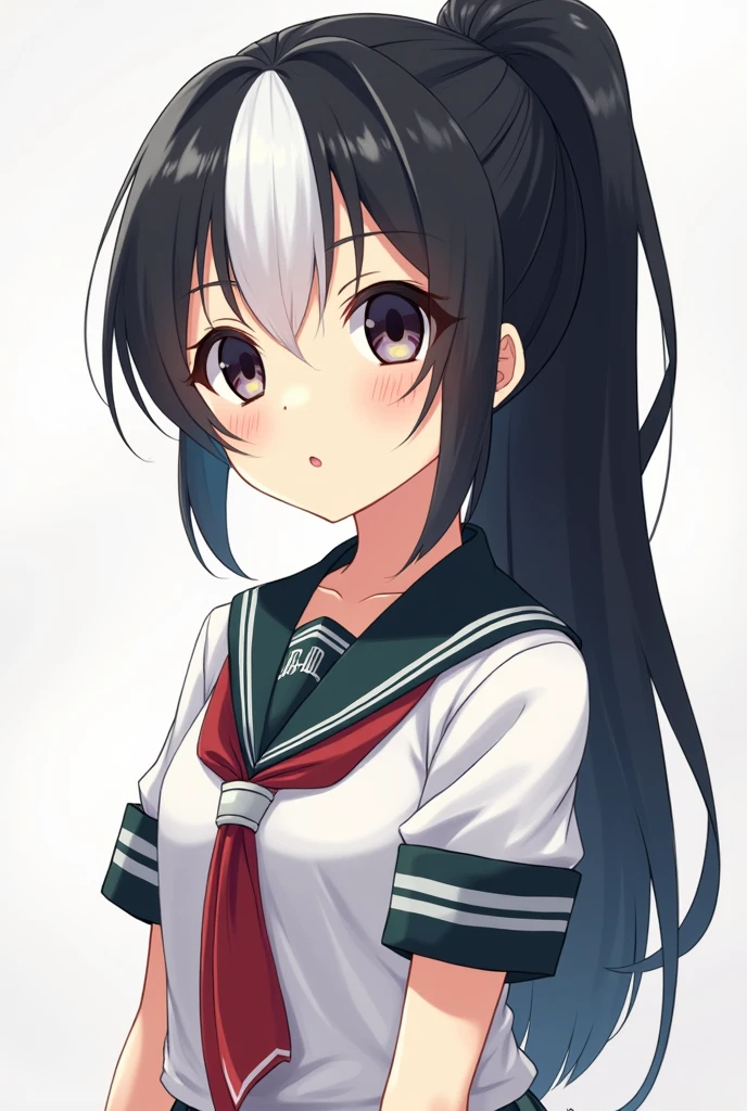 She has one strand of white hair in the front and the back, and the rest of her hair is in a black ponytail. She is wearing a miniskirt school uniform, which is an anime-style outfit.