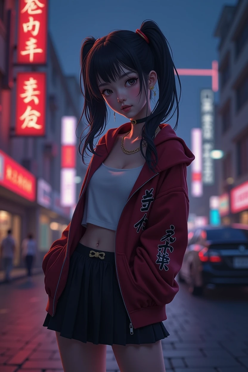 masterpiece, best quality, HuTaoV4, 1girl, solo, blush, twintails, long hair, hair between eyes, ((streetwear clothes)), city, outdoors, night, movie poster, extremely detailed 8K, smooth, high resolution, ultra quality, cinematic lighting, ambient occlusion, hd, 2k, 4k, 8k, 16k, extremely detailed anime, detailed faces, perfect composition, wide shot, atmospheric lighting, very sexy, lift skirt, random low back angle, uncensored, nsfw, sin censura