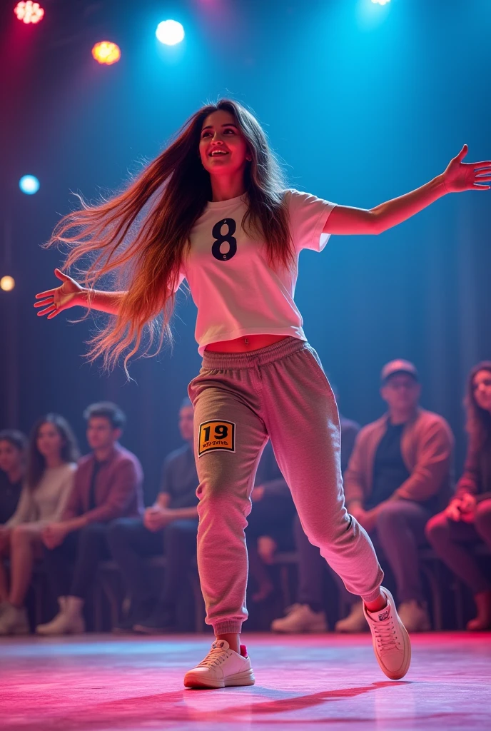 a woman wearing tshirt and sweat pant, long hair, dancing, number sticker on tshirt, on stage in day light, judges sitting at front