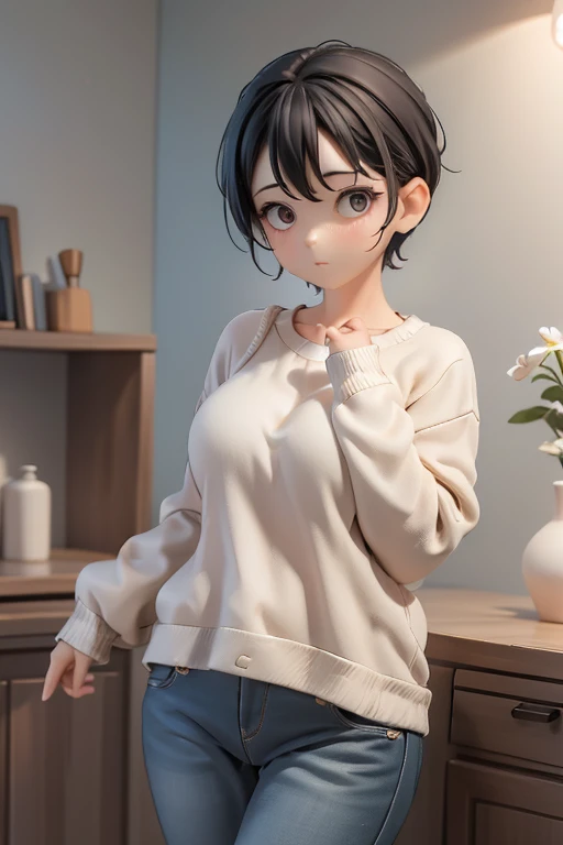 30-year-old woman、Mother,Married women,,Black Hair,Shortcuts、Short Hair、Casual wear、Calm appearance、sweater、shirt、Clothing Pattern、Clothing design、whole body、
