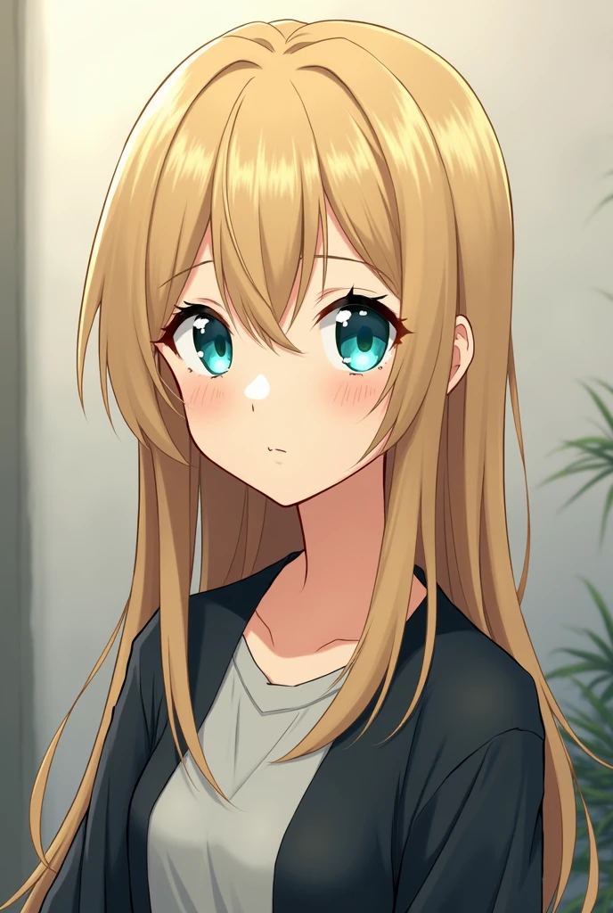Chico, tall and neutral-faced, dark blonde straight hair, turquoise eyes, wear casual clothes. anime style.