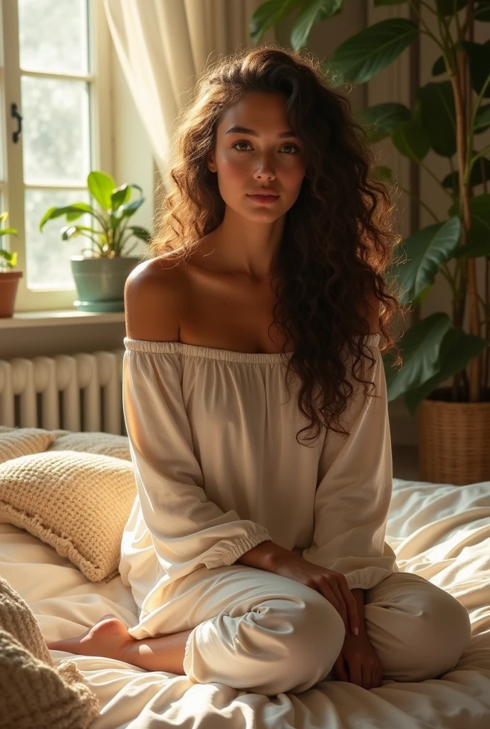 (photorealism:1.2), beautiful woman, sitting on bed, wearing loose off-shoulder top, pajama pants, long curly hair, indoors, soft lighting, plants in background, window with sunlight, cozy room, relaxed pose, realistic, intricate details, warm colors, by Greg Rutkowski, by Alphonse Mucha